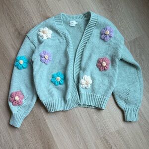 Anthropologie Luna Ivy 3D Embellished Floral Open Front Cardigan Sz M Aqua